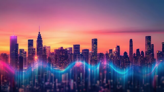 glowing sine wave city skyline at dusk