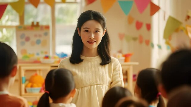 Kindergarten Teacher Teaching Interacting and Thumbs Up