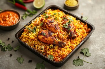 Traditional Indian chicken biryani captured from top-down, paper food tray on a neutral background