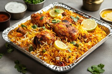Traditional Indian chicken biryani captured from top-down, paper food tray on a neutral background