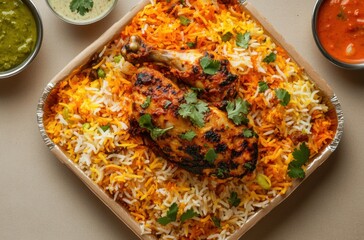 Traditional Indian chicken biryani captured from top-down, paper food tray on a neutral background