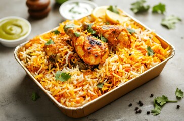 Traditional Indian chicken biryani captured from top-down, paper food tray on a neutral background