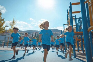 Team motivation in an elementary school playground, encouraging students and creating an atmosphere of teamwork and fun, Generative AI