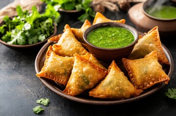 Traditional Indian samosas, crisp and golden, served on a rural-style ceramic plate with visible steam