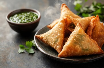 Traditional Indian samosas, crisp and golden, served on a rural-style ceramic plate with visible steam