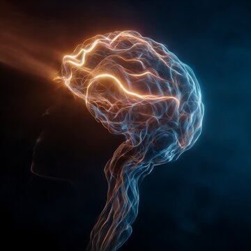 glowing thought wave pattern emerging from an open brain logic energy