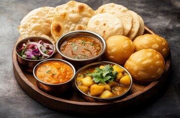 Vibrant Indian breakfast thali featuring puris, potato curry