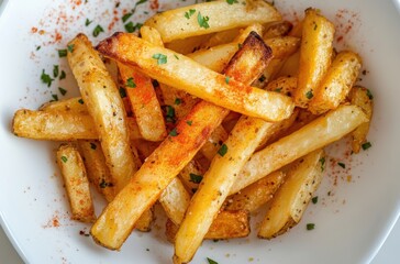 Well-seasoned thick fries with golden crispy edges, arranged in a clean white dish