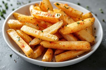 Well-seasoned thick fries with golden crispy edges, arranged in a clean white dish