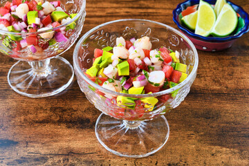エビのセビーチェ（海老のセビーチェ）（セビチェ, セビッチェ）メキシコ料理 コピースペースあり Mexican shrimp ceviche（Mexican shrimp cebiche, Ceviche de camarón, Cebiche de camarón), copy space available