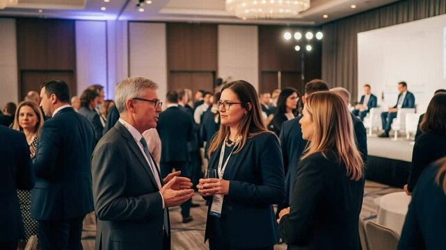 Business professionals networking at a corporate conference reception, engaging in conversations and discussions in a modern event space