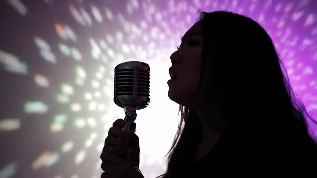 Silhouette of a singer with a microphone against colorful lights.