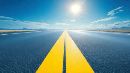 Open road with yellow line under bright sun and blue sky, horizon landscape showing freedom and endless travel on sunny day asphalt road with vast blue sky and yellow line