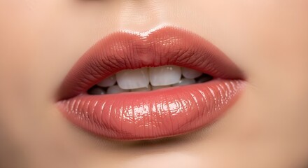 Obraz premium Sensual Glossy Pink Lips. A captivating close-up of a woman's perfectly defined mouth, showcasing a vibrant, luscious lip color with a radiant sheen for lipstick day