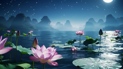 A tranquil night scene with blooming lotus flowers on a serene lake.