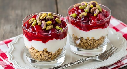 Delicious layered dessert with creamy white filling cherry topping and pistachios in glasses