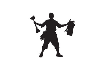 Obraz premium Silhouette of a construction worker or handyman standing with tools including a scraper and tool bag isolated on a white background ready for any building