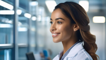 Portrait d'une femme m&eacute;decin avec un beau sourire .