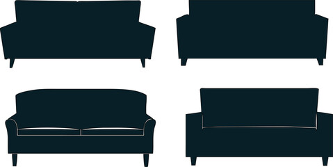 Set of black couch icons with legs, clean and modern silhouettes for digital floor plans and home apps.