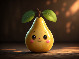 Cute cartoon pear character with big eyes and a happy smile ai generated