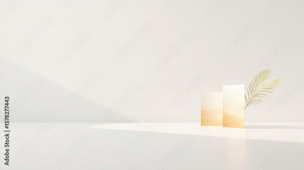 Poster sunlit stage featuring two frosted glass podiums with soft edges and a botanical element for product