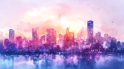 Fototapeta premium Cityscape watercolor painting dawn dusk