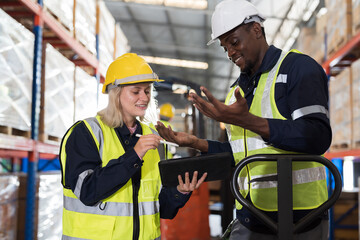 Group of warehouse worker discussing together, meeting, Work completed successfully. Collaboration...