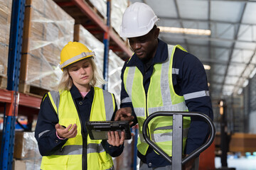 Group of warehouse worker discussing together, meeting, Work completed successfully. Collaboration...