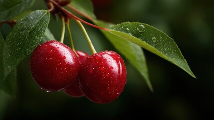 Obraz premium Fresh ripe red cherry fruit covered in water droplets hanging on a tree branch