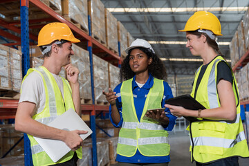 Group of warehouse worker discussing together, meeting, Work completed successfully. Collaboration...
