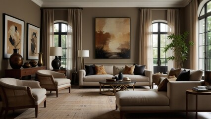 Sophisticated Neutral Living Room with Mid-Century Accents, Earthy Tones, and Large Framed Art