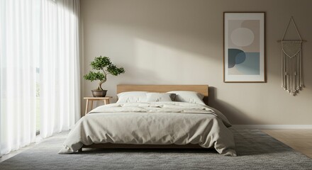 Fototapeta premium Beige minimalist bedroom interior design