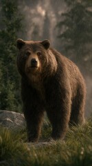 Fototapeta premium Powerful brown bear stands tall in the rainy forest representing wildlife and untamed nature