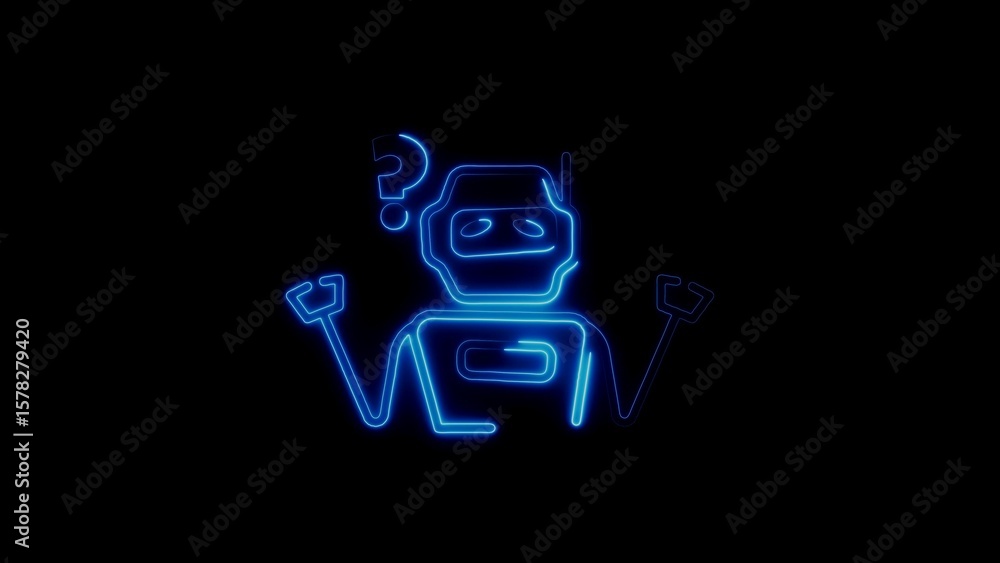 Poster neon blue robot with question mark representing artificial intelligence confusion or doubt