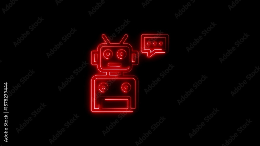 Poster glowing red neon robot chatbot icon representing artificial intelligence and communication