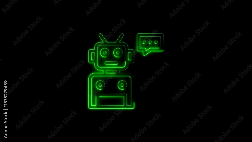 Poster green neon style robot icon with speech bubble representing artificial intelligence and chat