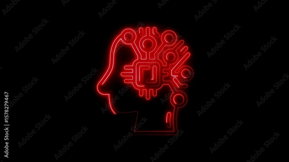 Poster red neon brain with circuitry symbolizing artificial intelligence and futuristic technology concept