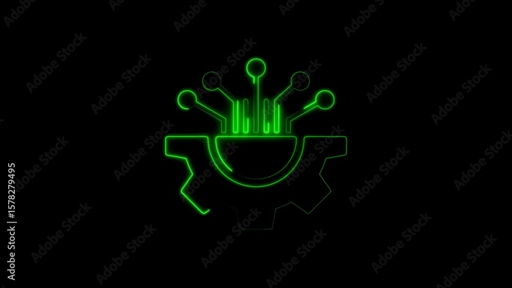 Poster green neon tech icon representing technological process and digital development on black background
