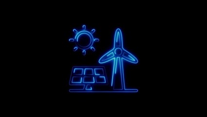 Illuminated blue neon energy icons representing sustainable power and green renewable resources