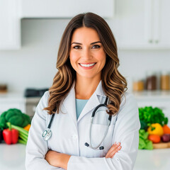 Smiling female nutritionist with stethoscope in the kitchen