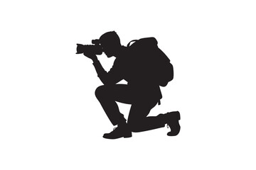 Silhouette of a kneeling photographer with a camera and backpack capturing a moment isolated on white perfect for design elements and creative projects vector illustration