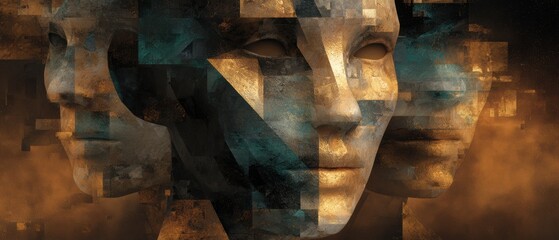 Surreal fragmented faces representing the complex nature of human consciousness and identity