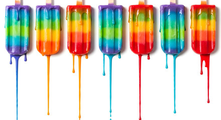 Rainbow popsicles melting, dripping colorful streams onto white background.
