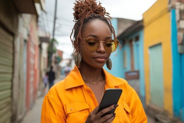 Entrepreneur standing on a street checking her mobile phone, staying updated on business activities and managing her work on the go, Generative AI