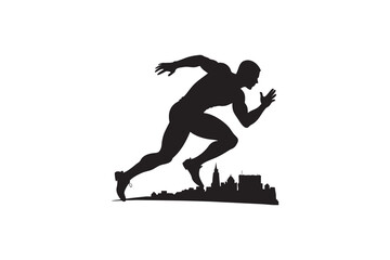 Silhouette of a Muscular Male Runner Sprinting in Front of a City Skyline symbolizing speed fitness competition and urban athleticism on a clean white background