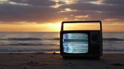 A vintage TV on a beach at sunset, creating a serene and nostalgic scene. - Powered by Adobe