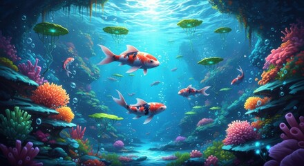 Fototapeta premium Vibrant Underwater Realm with Koi Fish and Coral Reefs