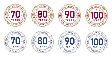 70周年・80周年・90周年・100周年のフラットな記念メダルロゴセット（円形 YEARS 長寿 ベクター）

