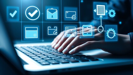 Digital interface with glowing icons above laptop keyboard technology