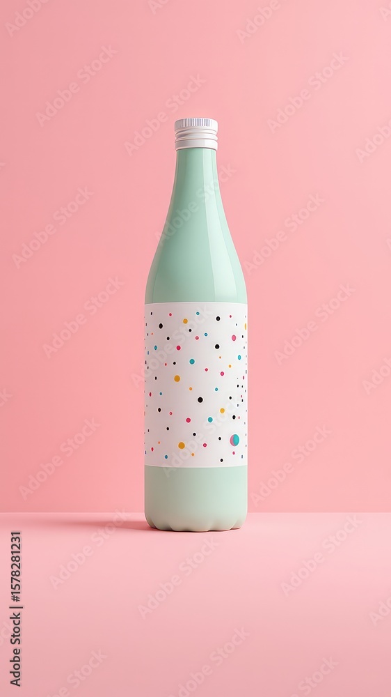 Poster pastel hued liquid container with a playful spot patterned label, presented against a coordinating p